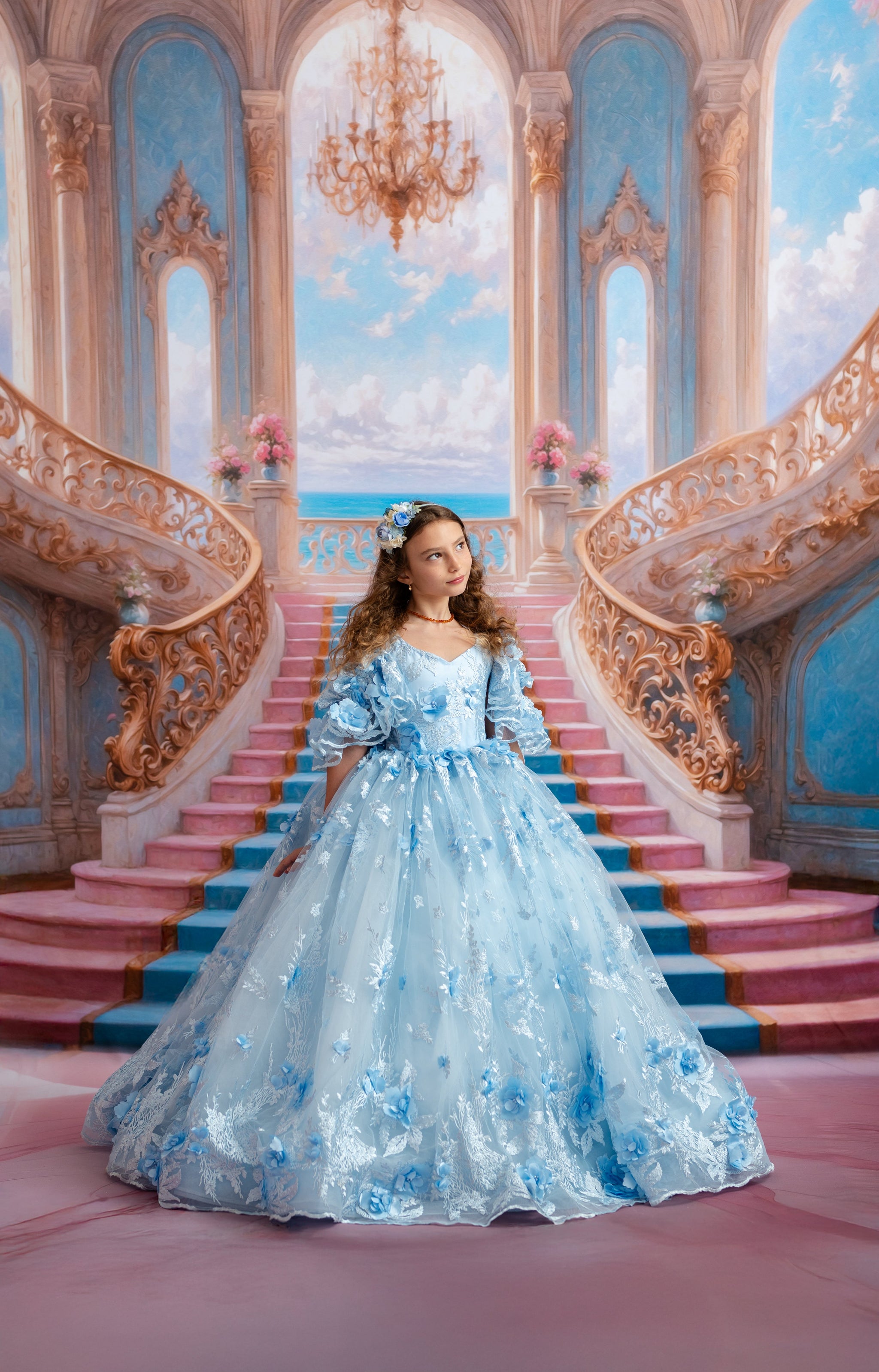 blue dress for baby girl A Line V Neck Light Blue Lace Tulle Prom Dress Evening Dress PSK031 US16 / Light Blue main image 0