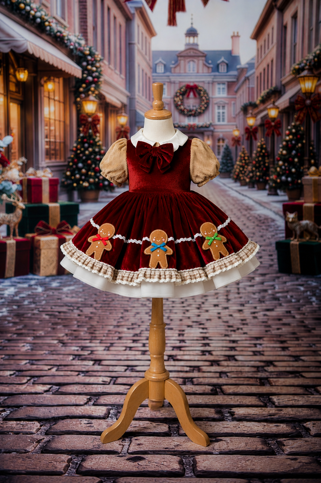 A dark red and beige holiday Lolita-style dress displayed on a wooden mannequin stand, set against a festive Christmas street backdrop with trees, wreaths, and gift boxes.