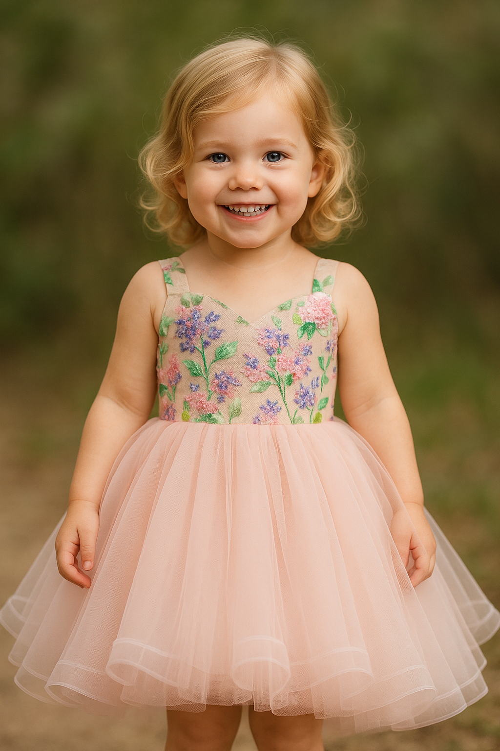 Young girl in a floral dress standing outdoors with a blurred natural background