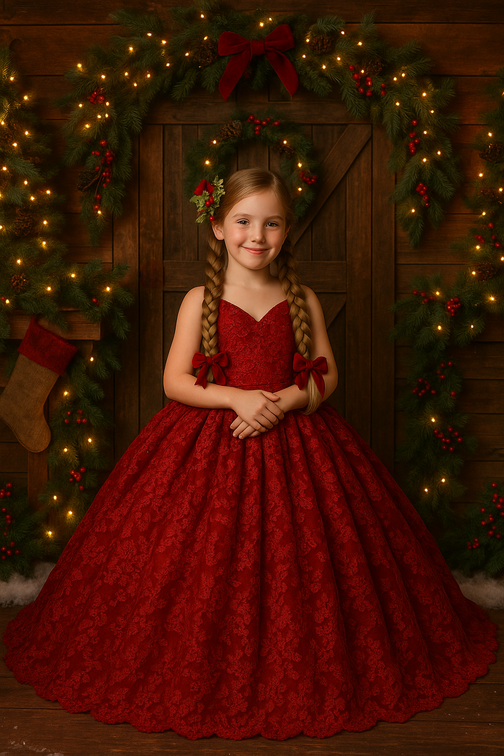 Young girl in a red dress standing in front of a decorated Christmas door with lights and garlands.