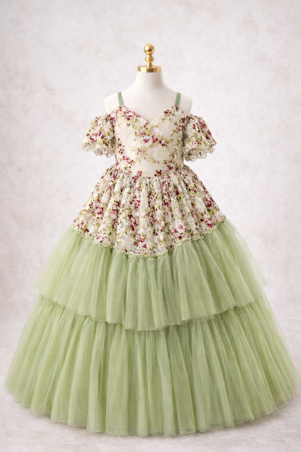 Child Mossflower floor-length couture gown on gold-accent mannequin featuring floral lace bodice and full sage tulle skirt, photographed in a neutral studio setting