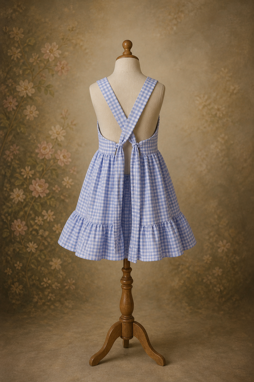 Blue checkered dress on a mannequin against a floral-patterned background