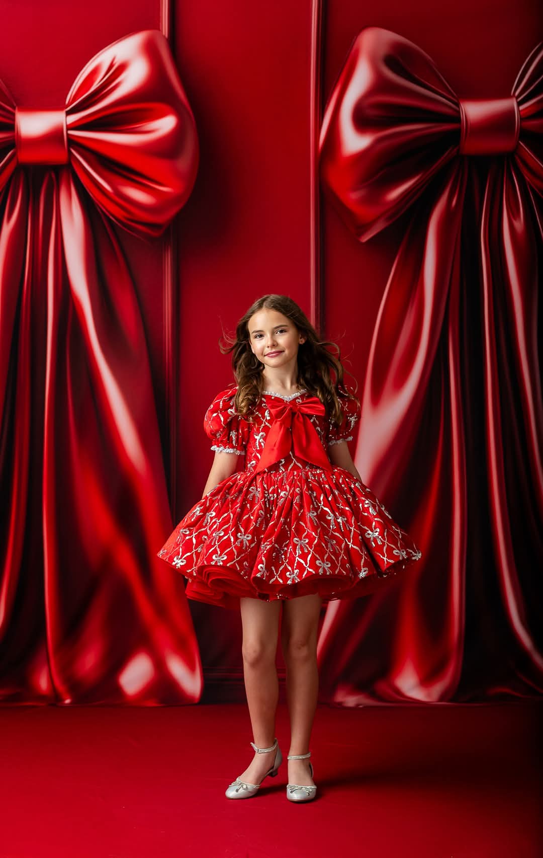 Whimsical holiday photo of a girl making a grand entrance in the red velvet dress and cape ensemble.