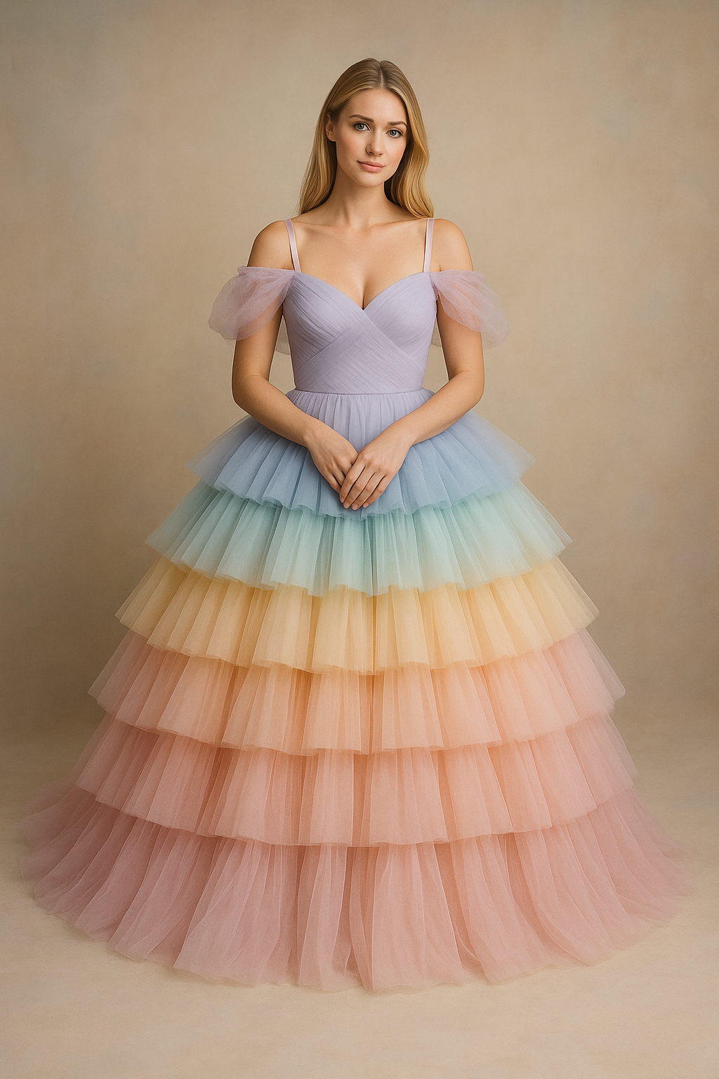 Woman wearing a pastel rainbow tiered dress against a beige background