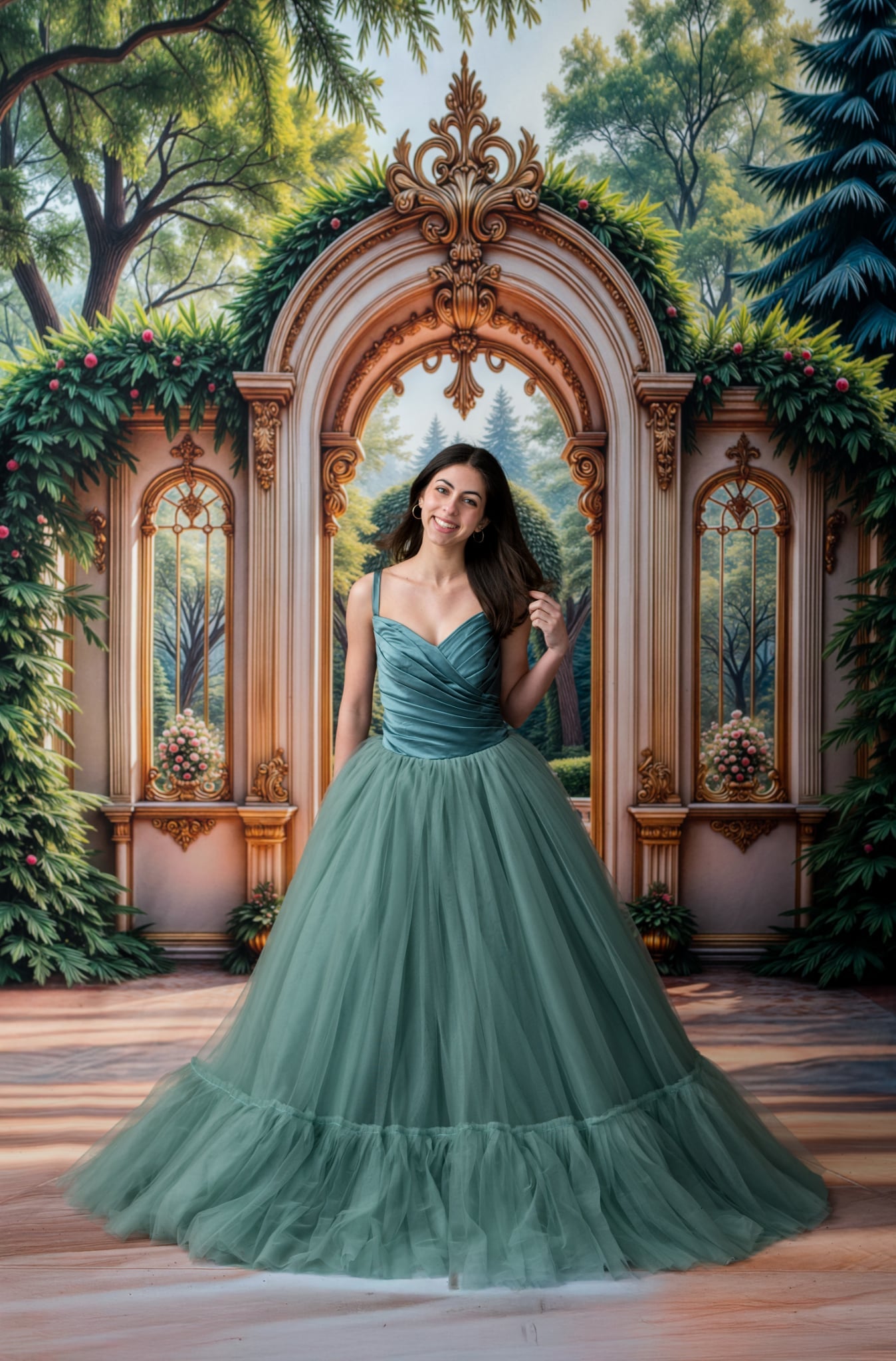 Woman in a green dress standing in front of an ornate archway with festive decorations.