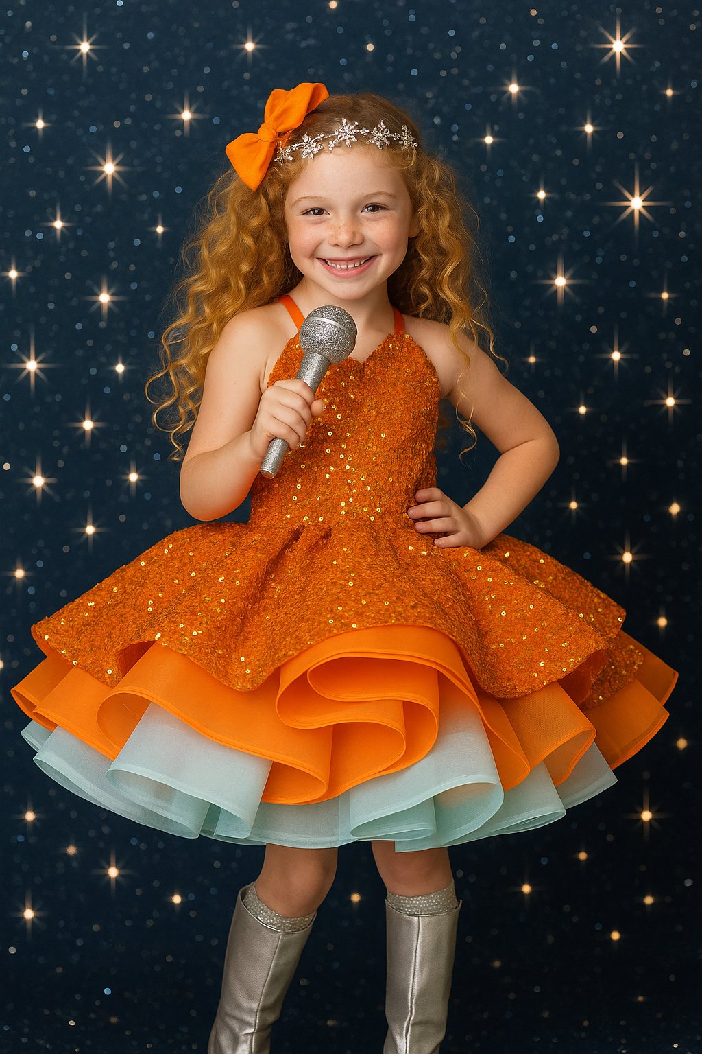 Young girl in an orange dress with a microphone against a starry background