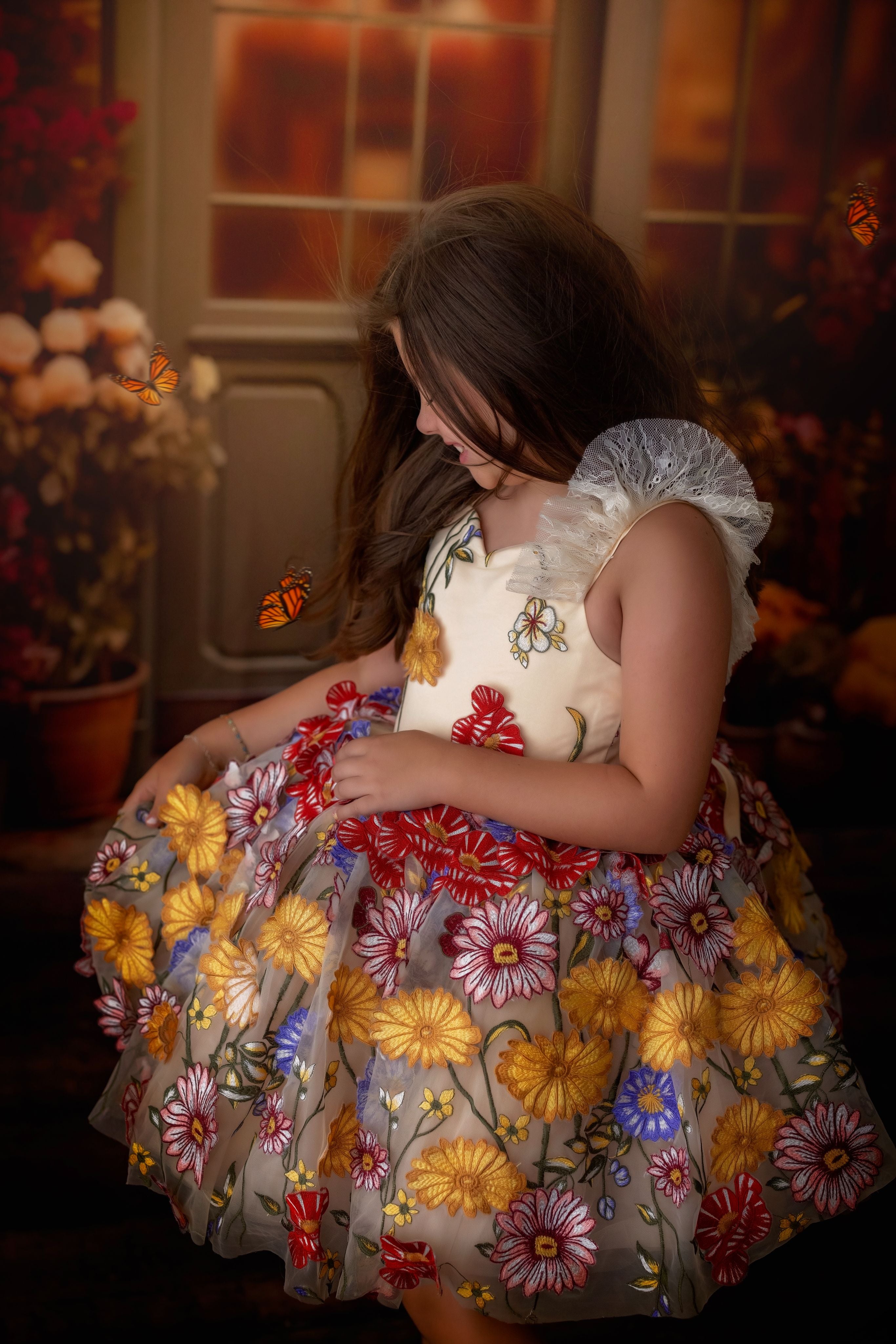 "Daisymae" in Champagne - Petal Short Length Dress ( 5 Year - Petite 6 Year)