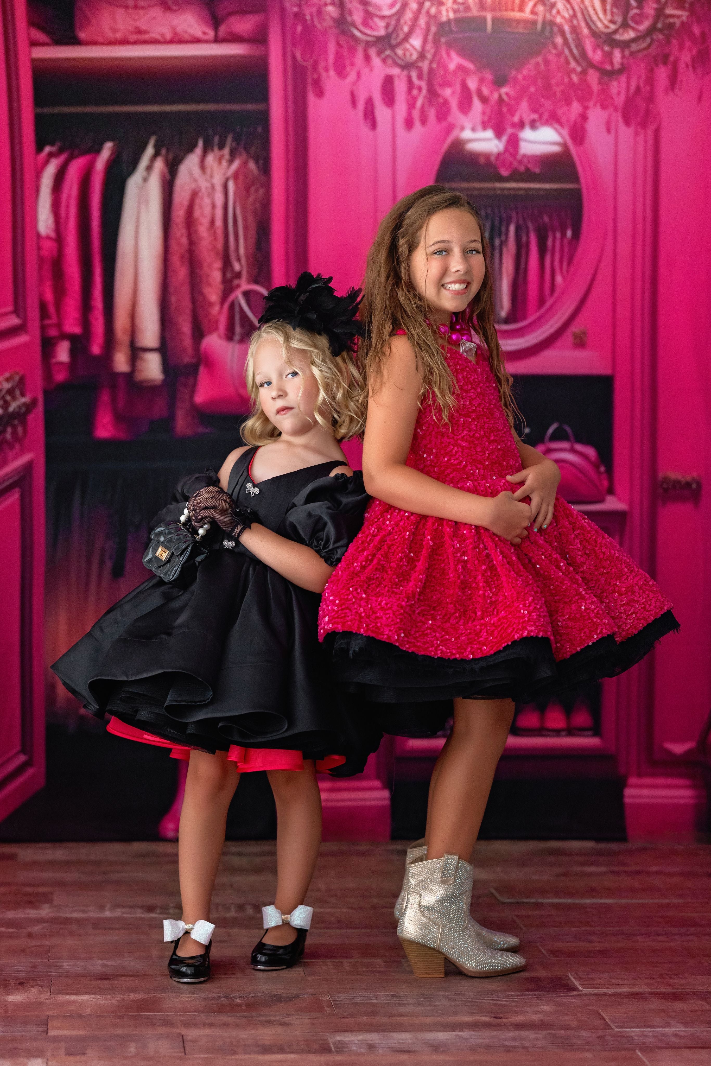 Reversible "Dolly" Pink/Black  Petal  Length Dress + Detach puff sleeves  (5 year- 6 year)