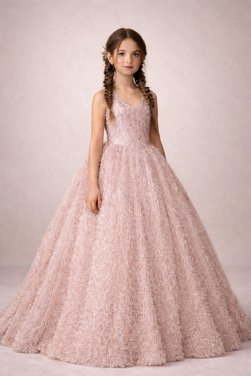 Young girl wearing a pink floral dress against a plain background