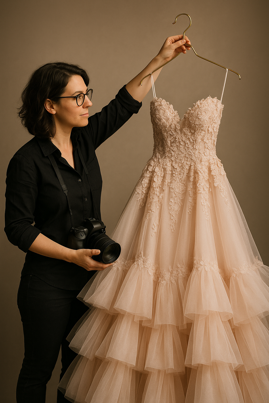 Woman holding a camera and a peach-colored wedding dress on a hanger against a brown background