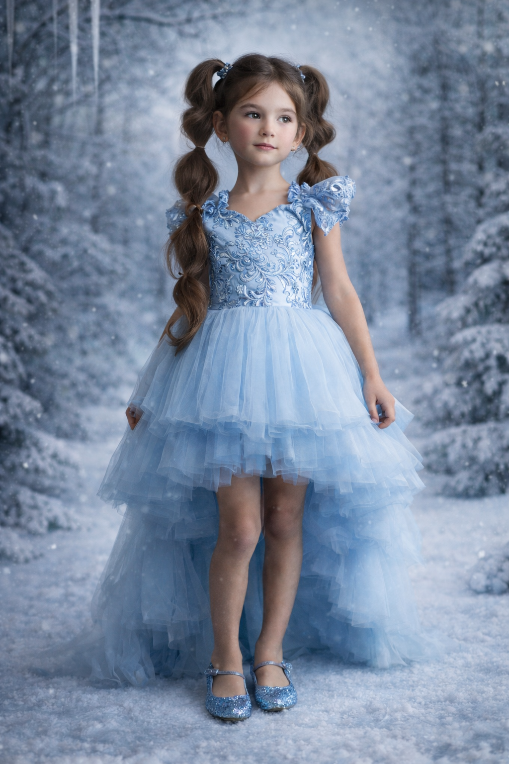 Young girl in a blue dress standing in a snowy forest