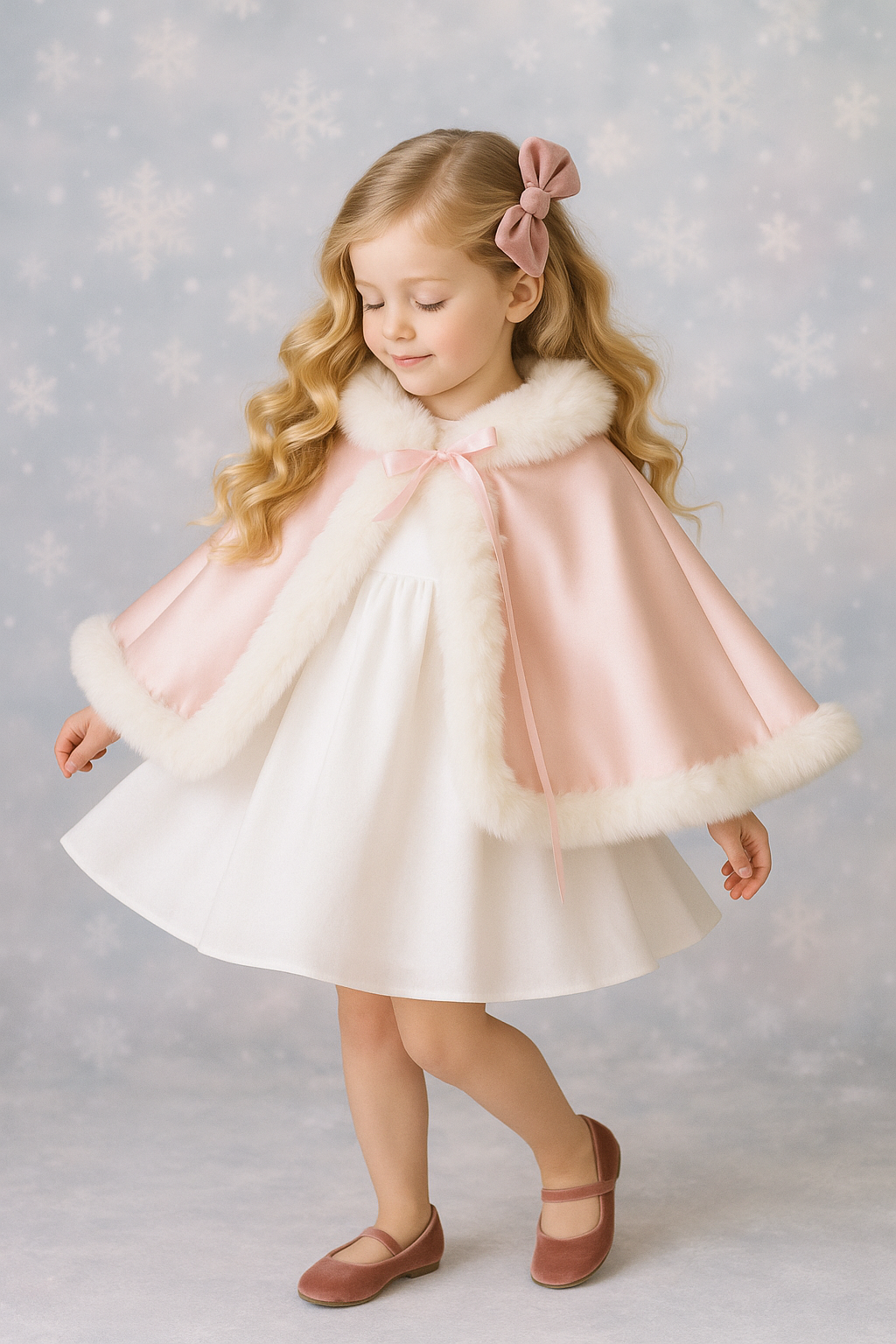 Young girl wearing a pink dress with white fur trim against a light gray background