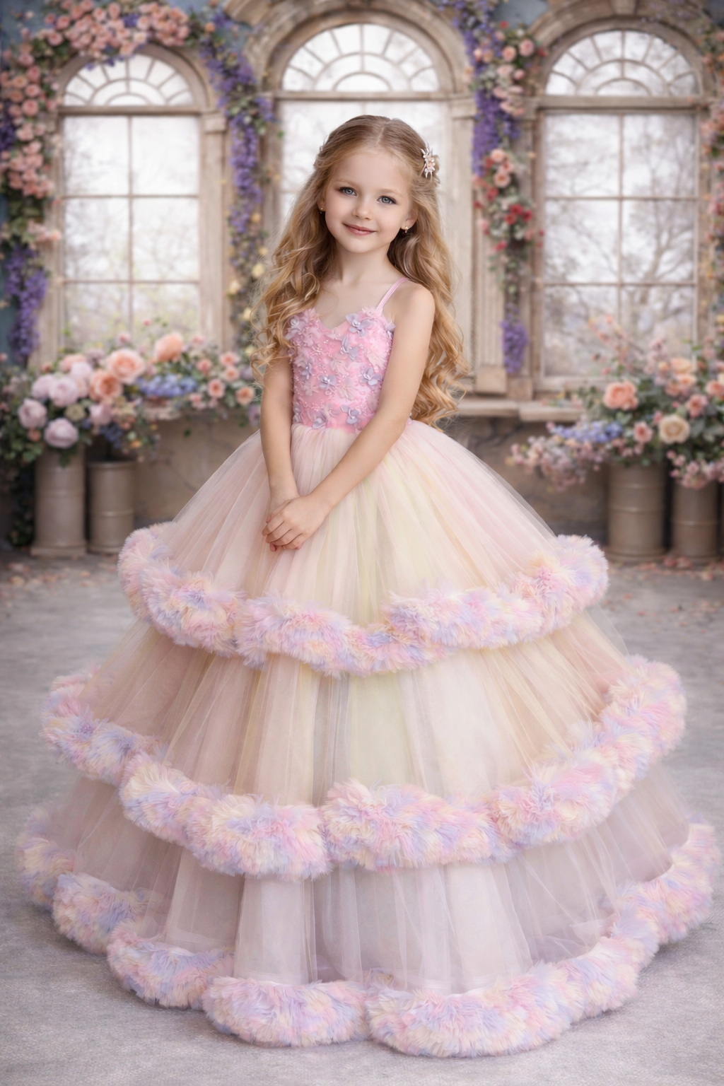 Young girl in a floral dress standing in front of decorative windows with floral arrangements.