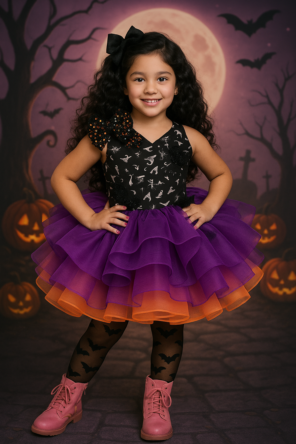 Child in a Halloween-themed outfit with a purple and orange dress, black top, and pink shoes, standing in front of a spooky background with pumpkins and bats.
