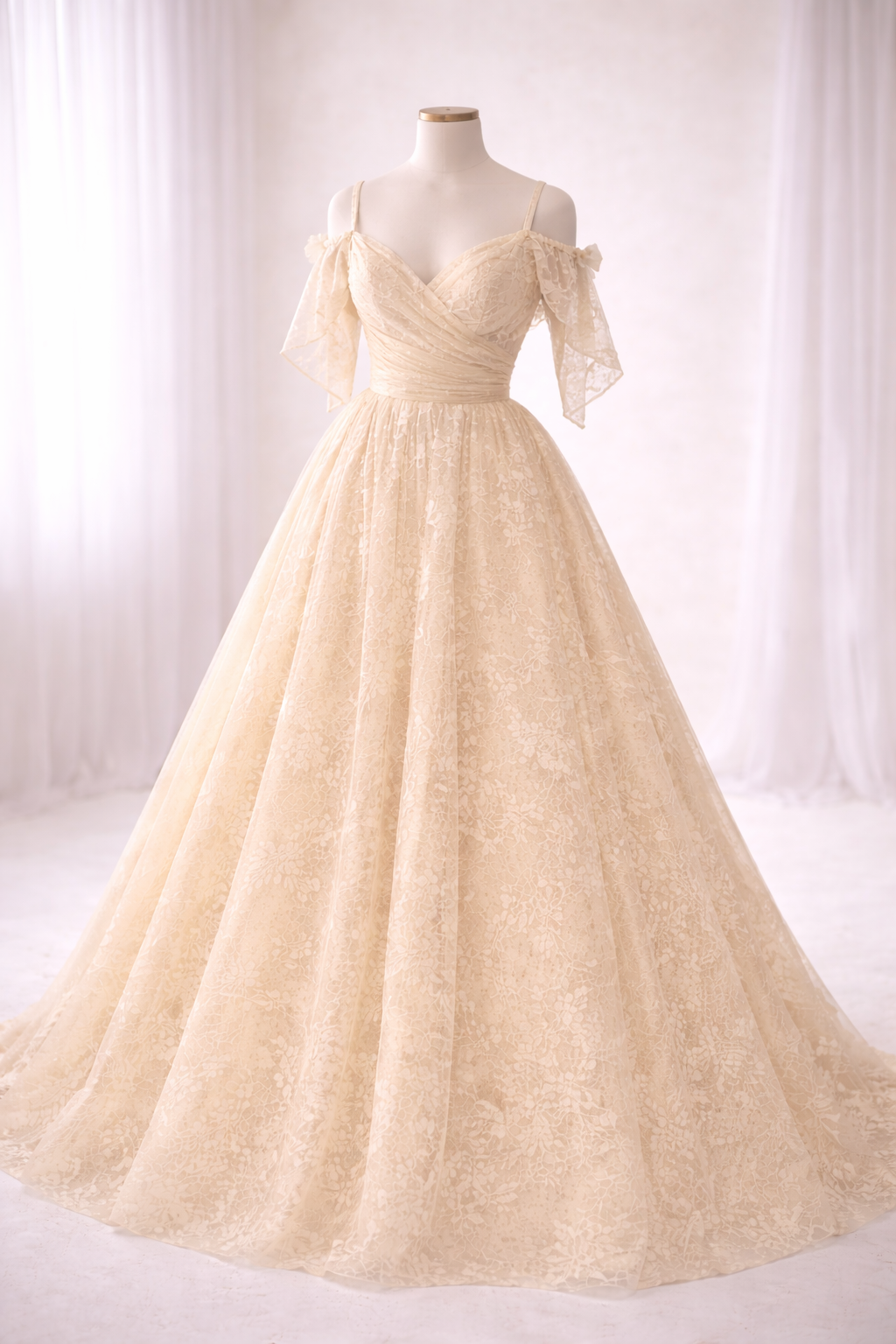 Beige evening gown on a mannequin against a white curtain background