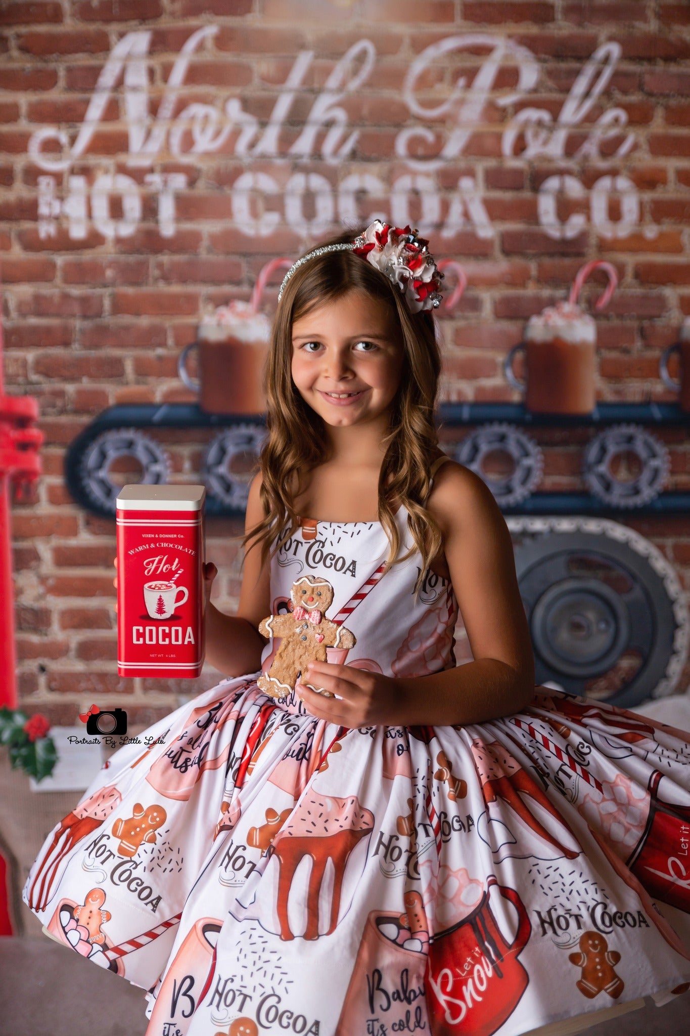 Christmas-themed twirl dress with hot cocoa print