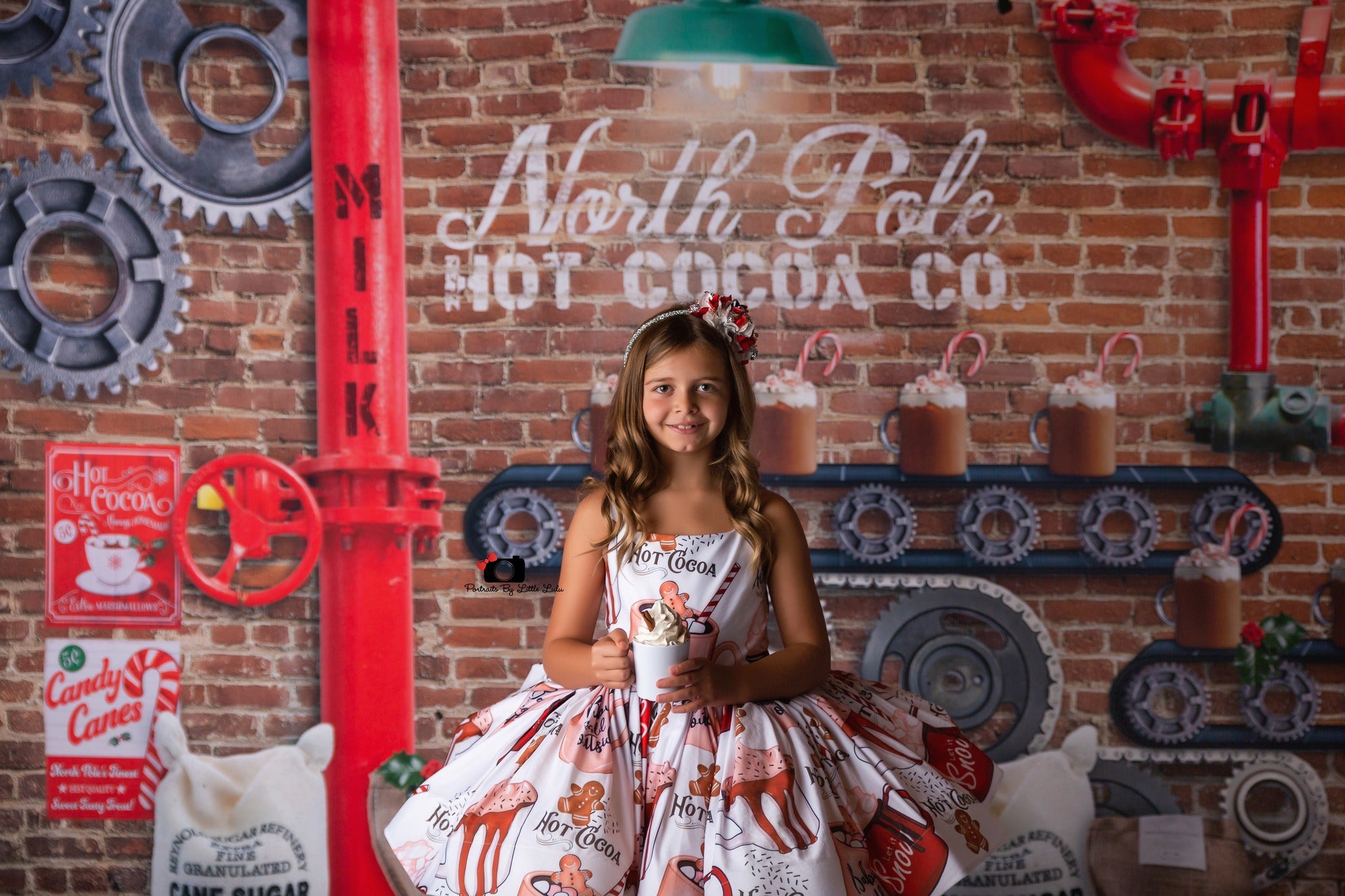 Cozy winter dress for girls with festive holiday backdrop