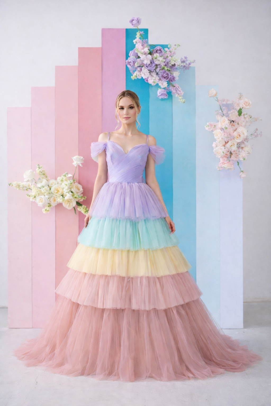 Woman wearing a colorful, tiered dress against a pastel-colored geometric background.