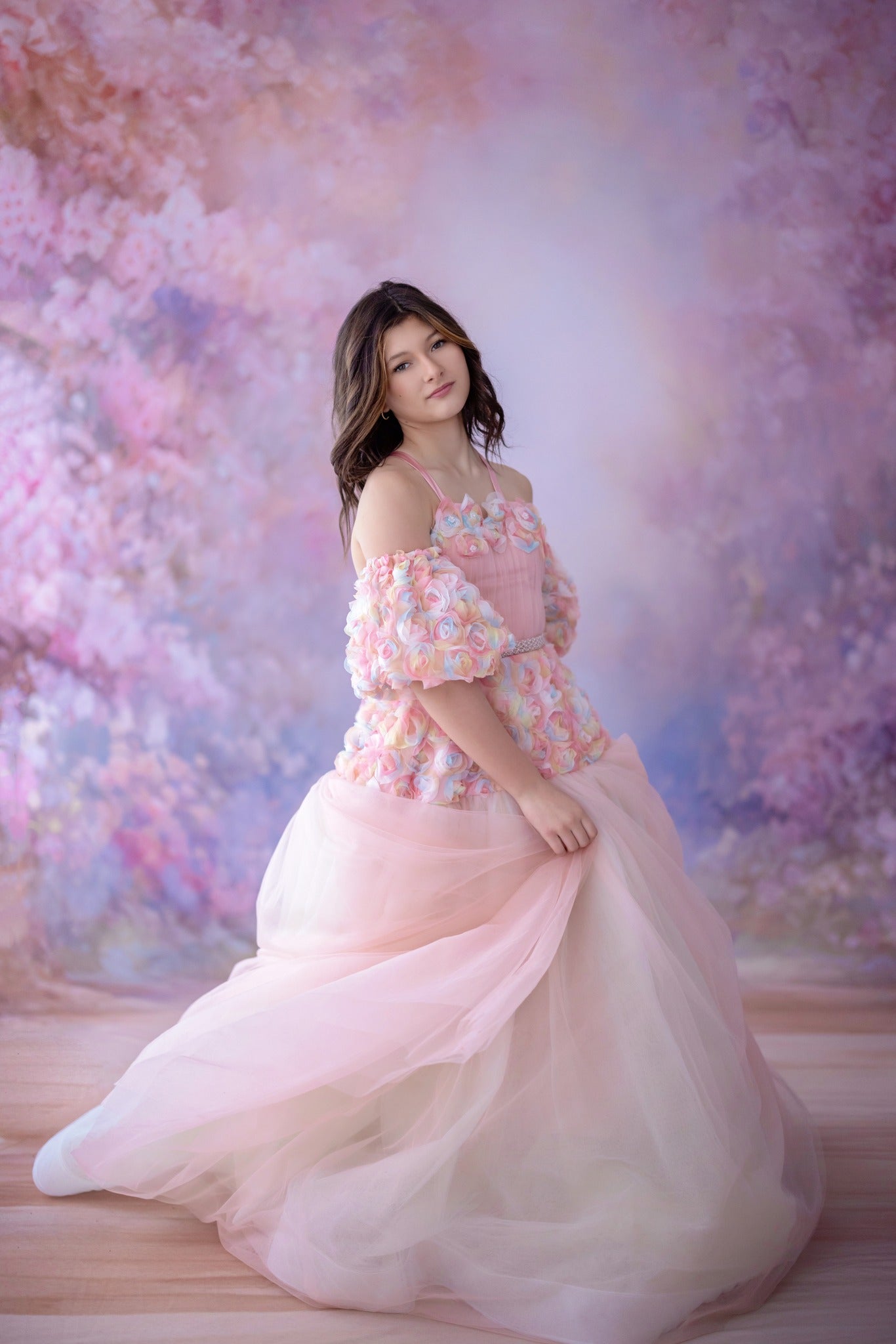 Sunshine Bouquet - floor long gown +Detach puff sleeves and belt (10 year- 11 year)