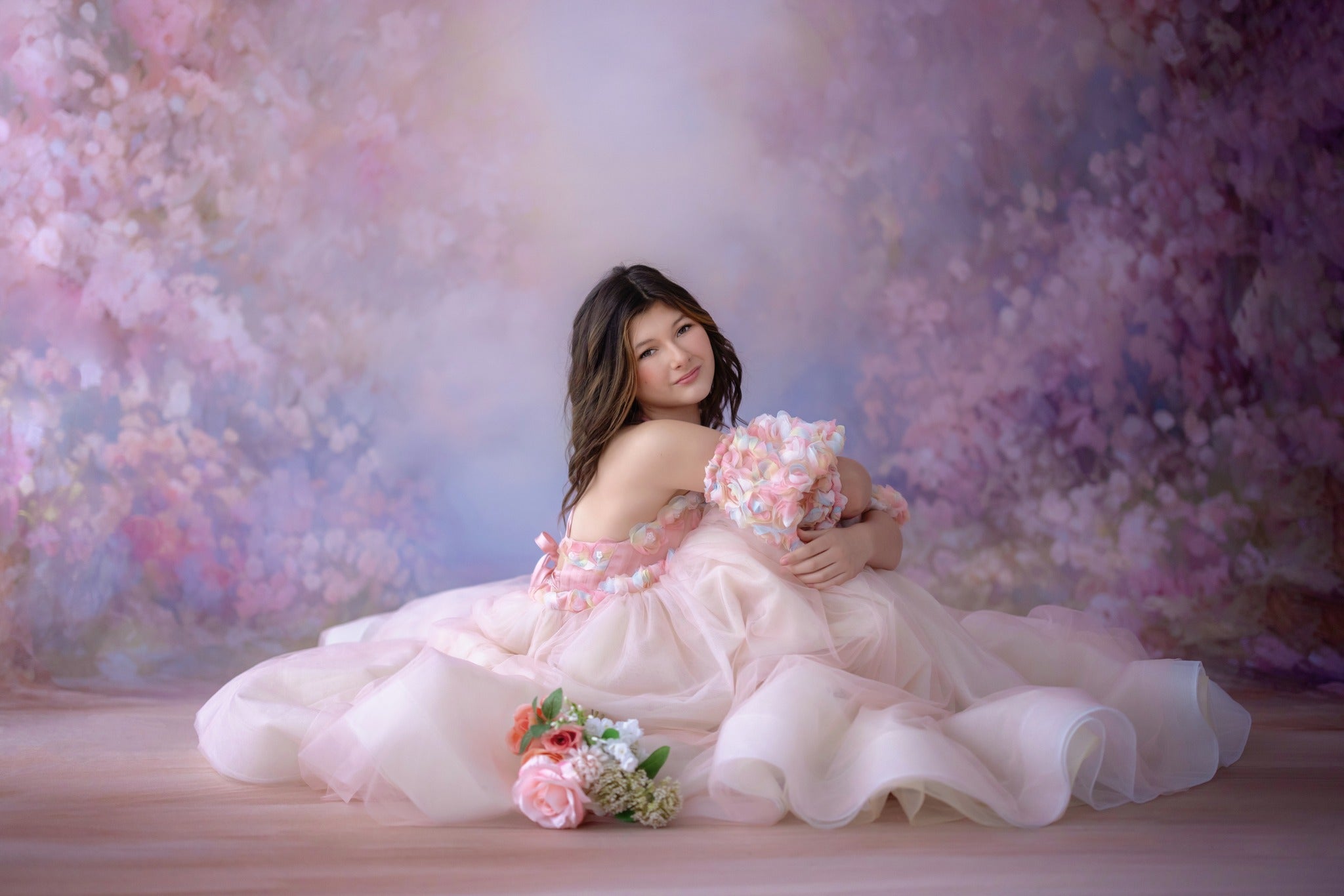 Sunshine Bouquet - floor long gown +Detach puff sleeves and belt (10 year- 11 year)