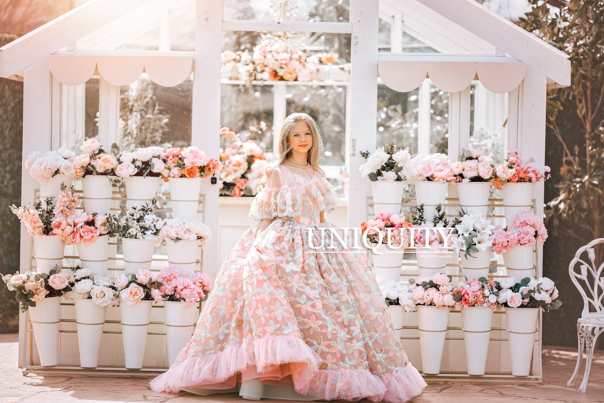 "Sun-kissed Petals" Couture Floor length gown -Cape not included (8 Year - Petite 10 Year)