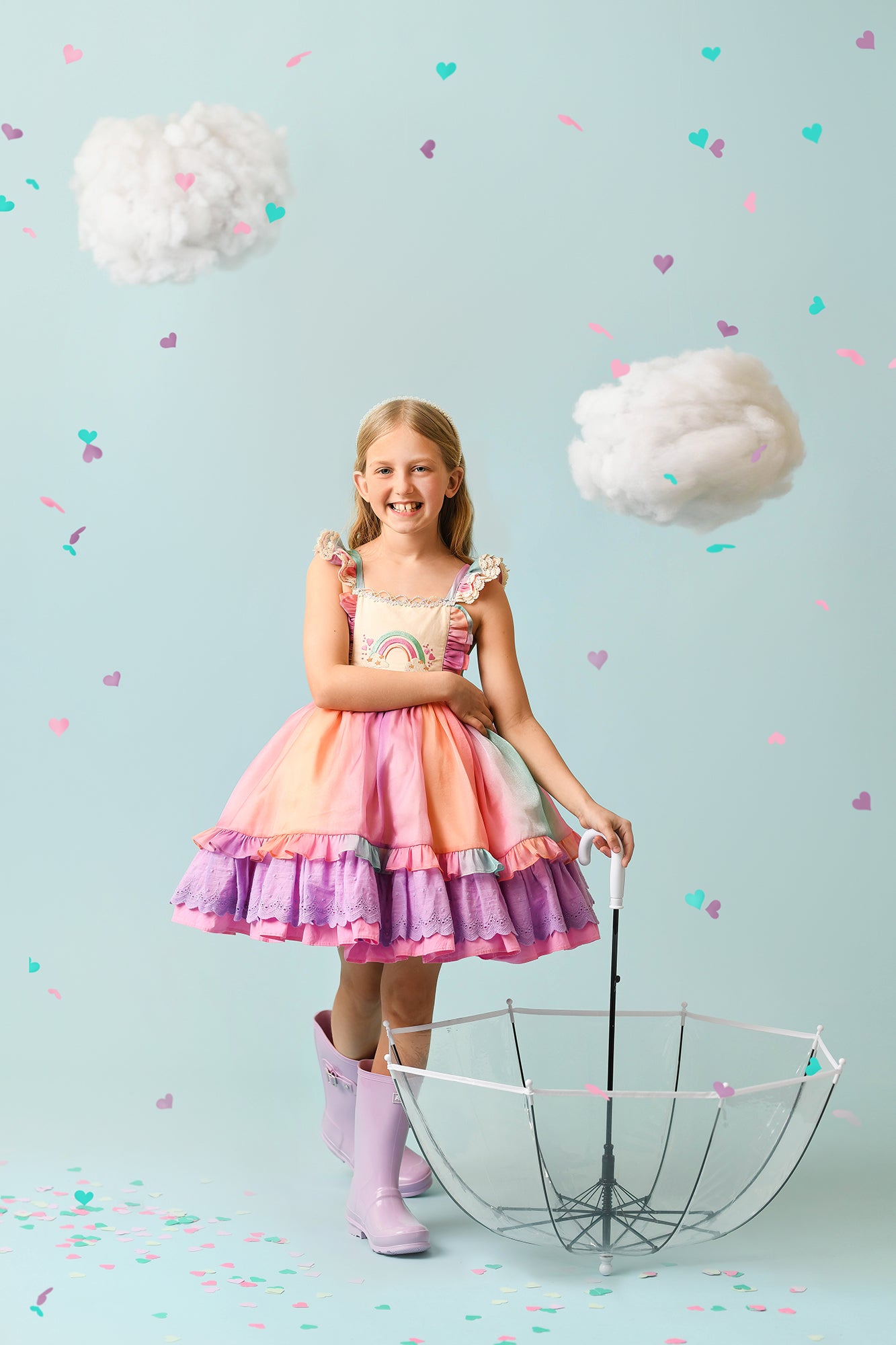 RAINBOW DREAMS by Finnegan and Lace Vintage inspired Dress Set (Includes Bow, Shorts and detach apron)