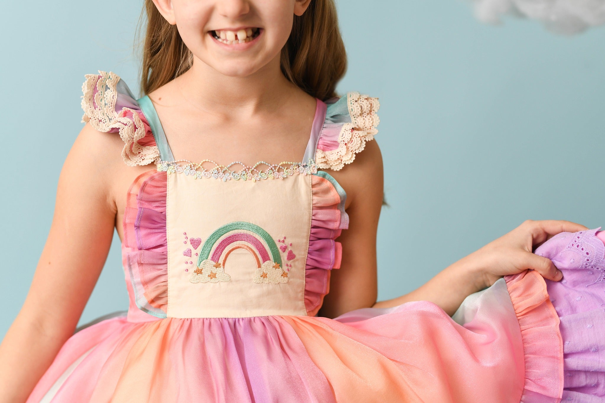 RAINBOW DREAMS by Finnegan and Lace Vintage inspired Dress Set (Includes Bow, Shorts and detach apron)
