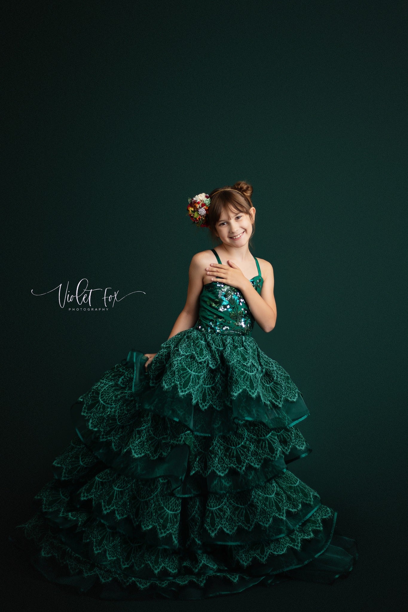 "Emerald Elegance" -Floor Length Gown and Jacket-Green (6-7Year)
