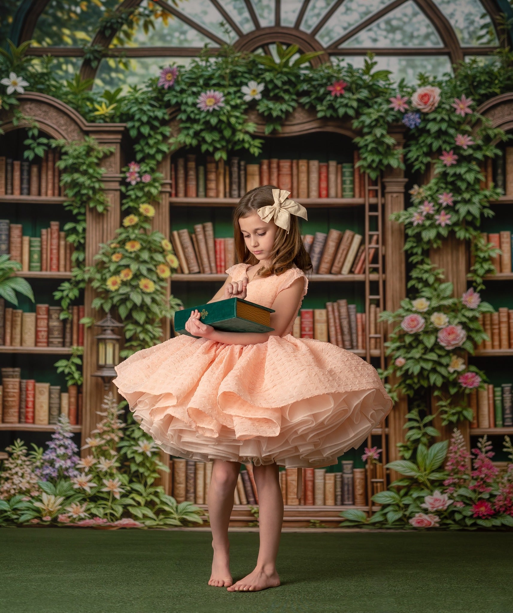 "Full-length view of a young girl in a stunning off-shoulder gown, with a delicate lace bodice and a voluminous skirt."