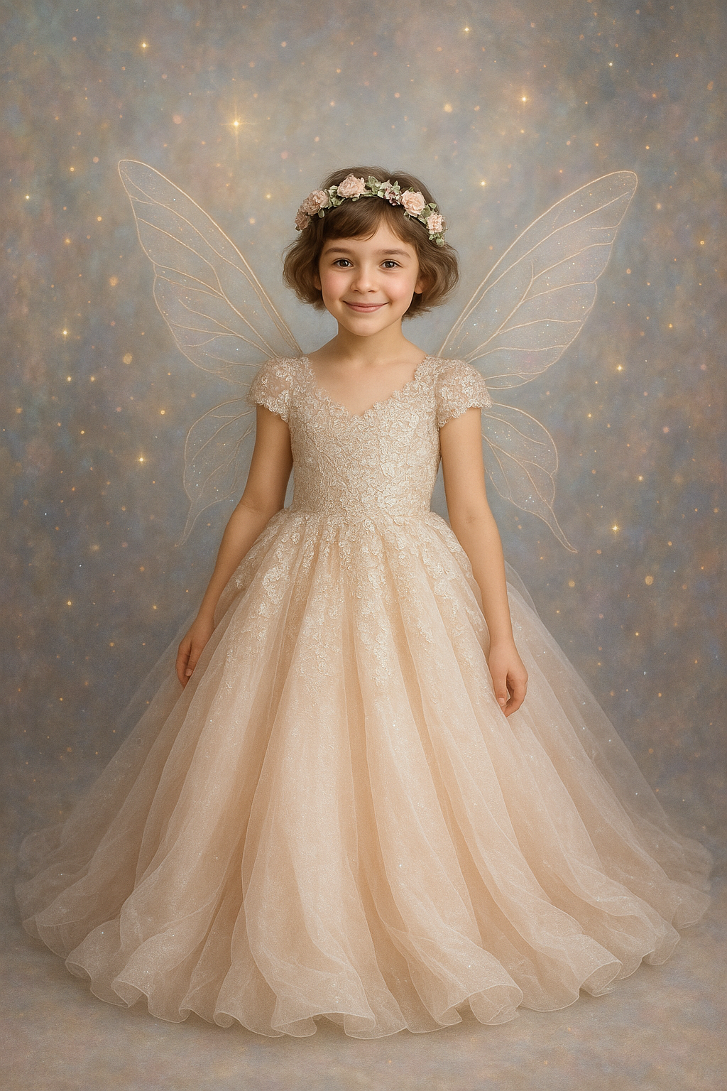 Young girl in a fairy costume with wings and floral headband against a starry background