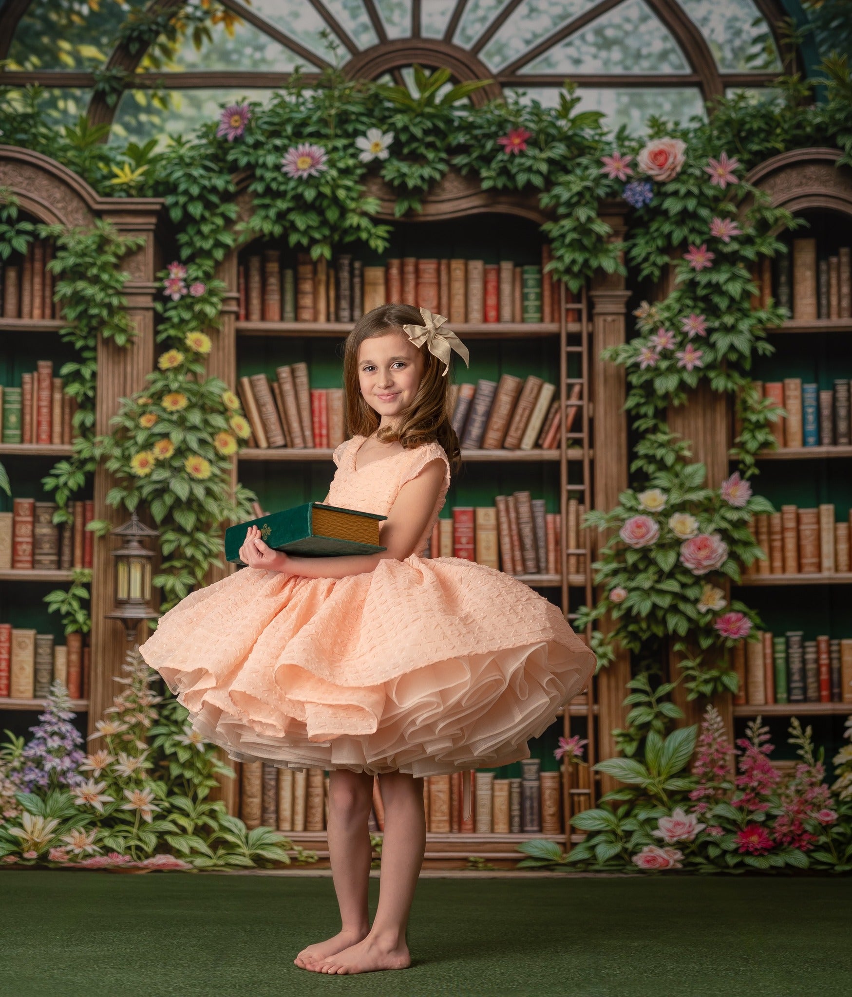 "A little girl twirling in a custom couture gown, showcasing a layered tulle skirt and intricate floral embroidery."