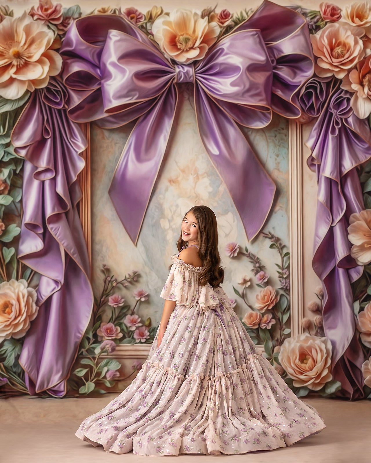 "Bridal soft green and lavender tulle add a touch of color and elegance to the gown."