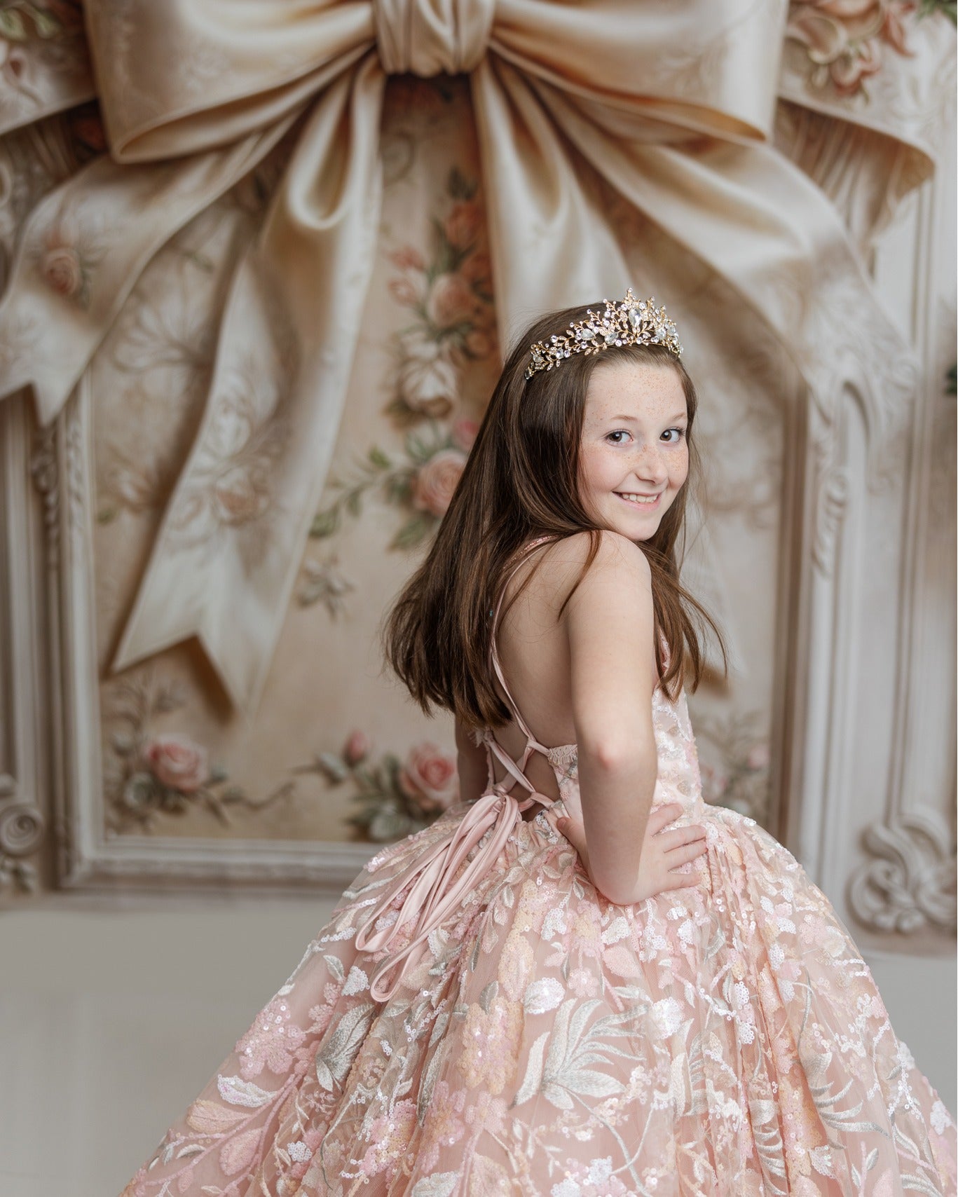 "Close-up of the floral lace trim and sequin design on the Marley gown, offering a girly, dreamy look."