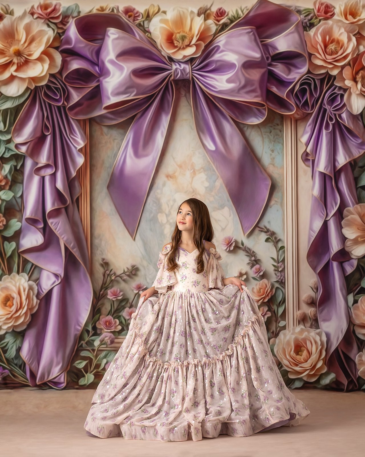 "Soft floral patterns and subtle sparkle adorn the chiffon of the Whispering Serenade gown."