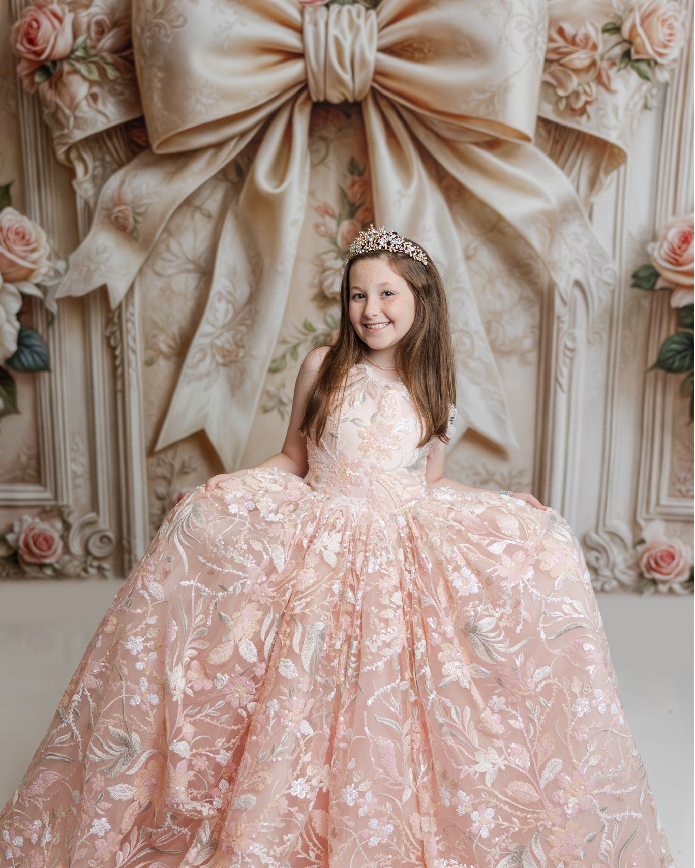 "Full view of the Marley gown, showcasing its floor-length style, flexible back with shoulder ties, and elastic waist."