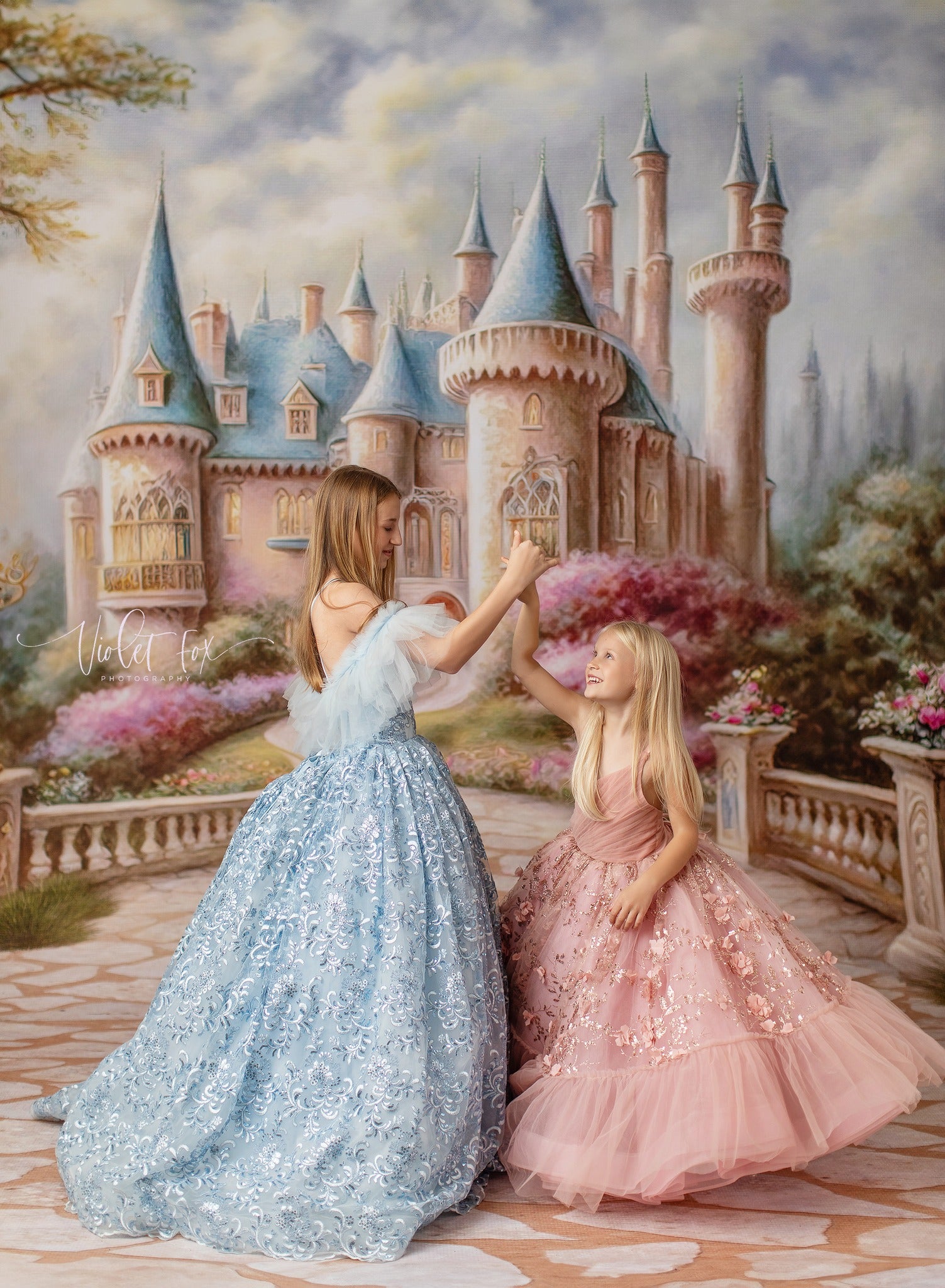 "Cinderella-inspired gown with delicate blue satin, perfect for fairytale-themed photography sessions."