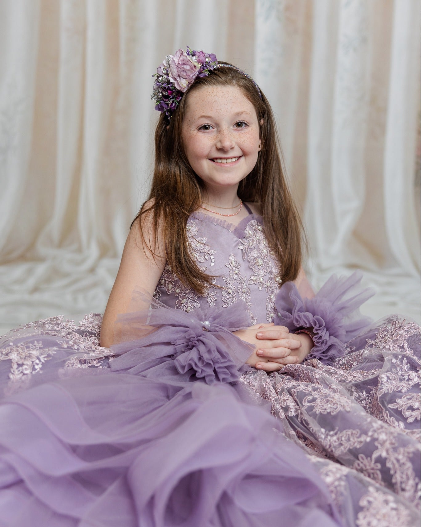 "Soft lavender Addison Couture Gown, ideal for milestone photoshoots with its timeless and elegant silhouette."