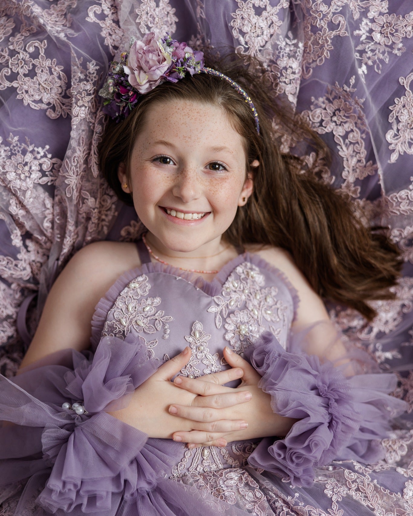 "Full-length shot of the Addison Couture Gown in lavender, featuring soft bridal tulle and voluminous skirt."