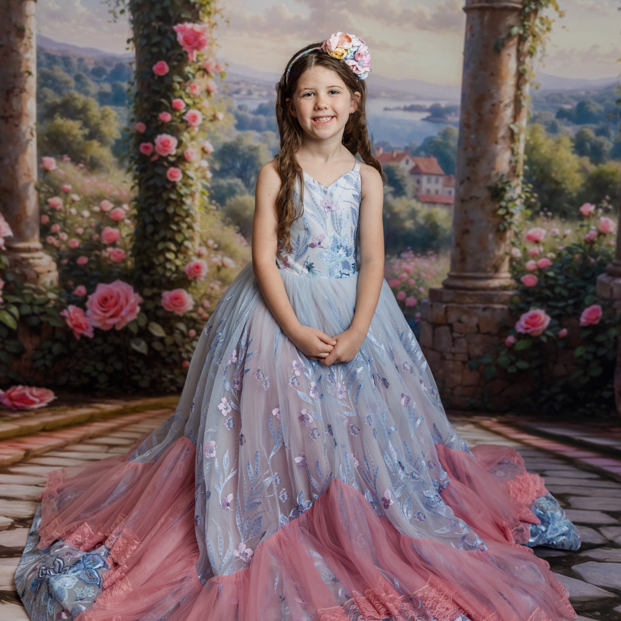 "Savannah Bloom gown featuring girly lace details and sparkling floral sequin fabric, ideal for a special photoshoot."