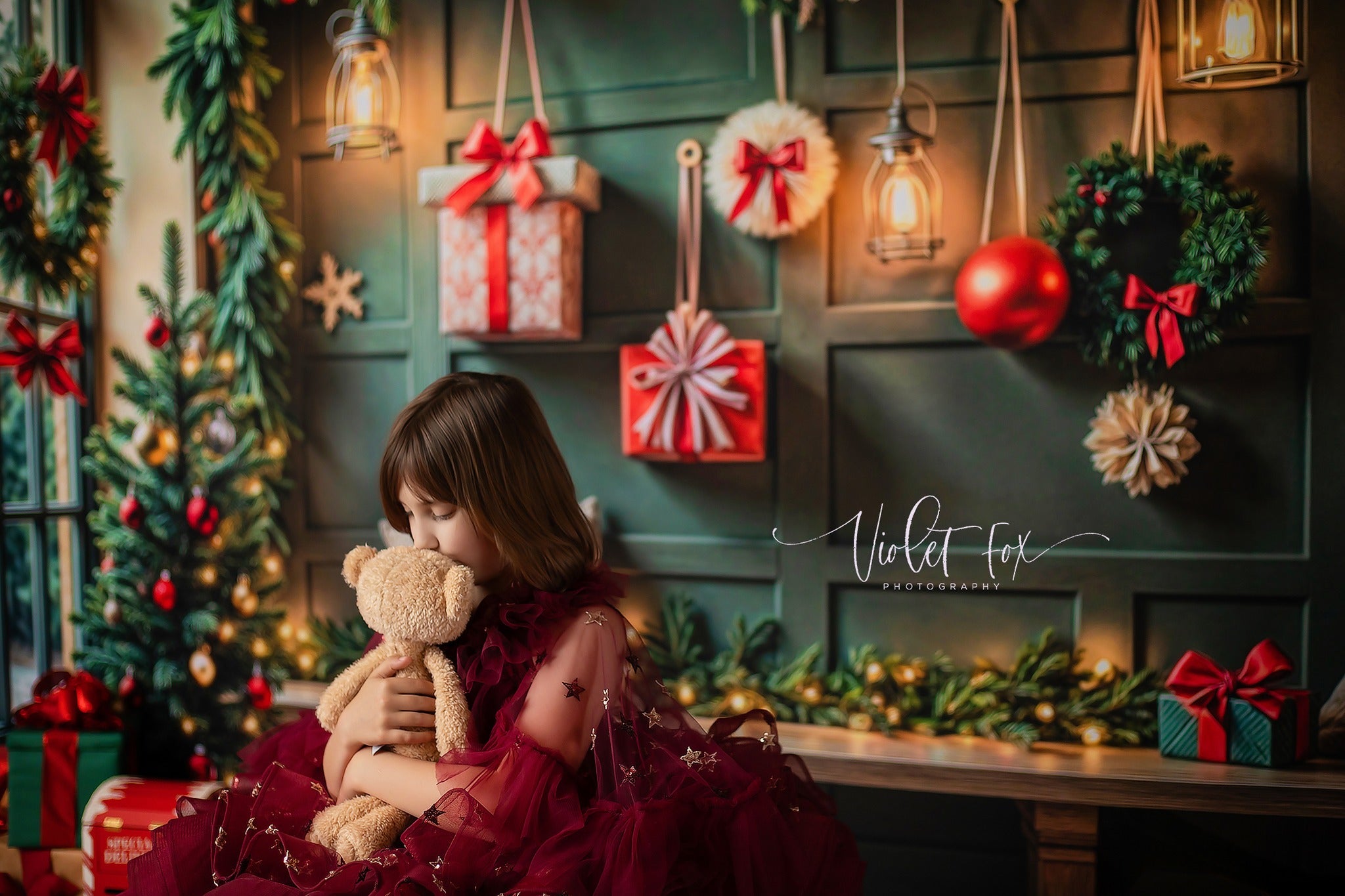 Close-up of the burgundy velvet bodice featuring intricate lace detailing.