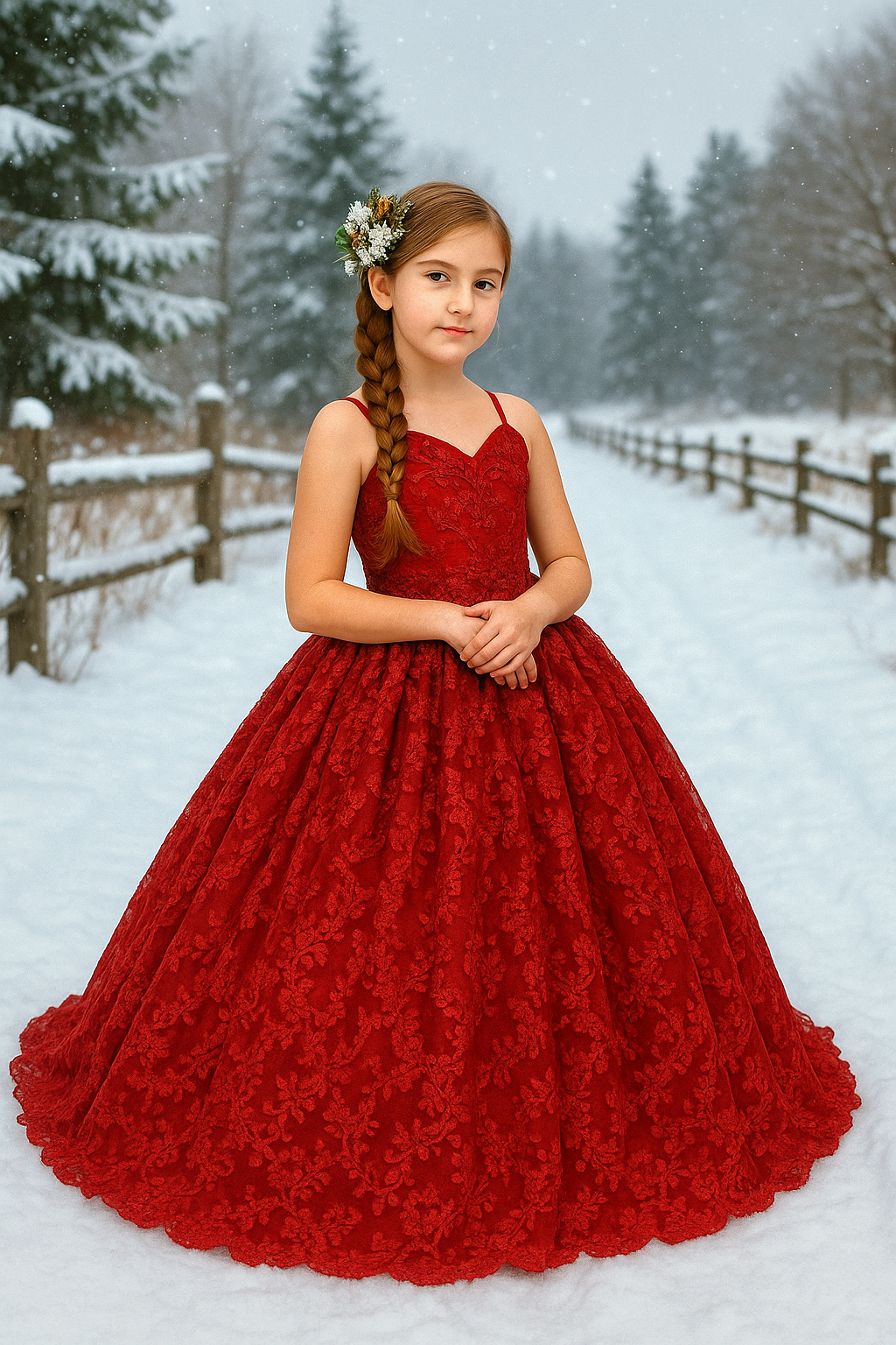 Young girl in a red dress standing in a snowy landscape with trees in the background.