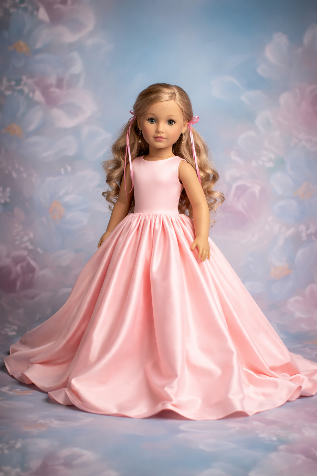 Doll wearing a pink dress against a floral background