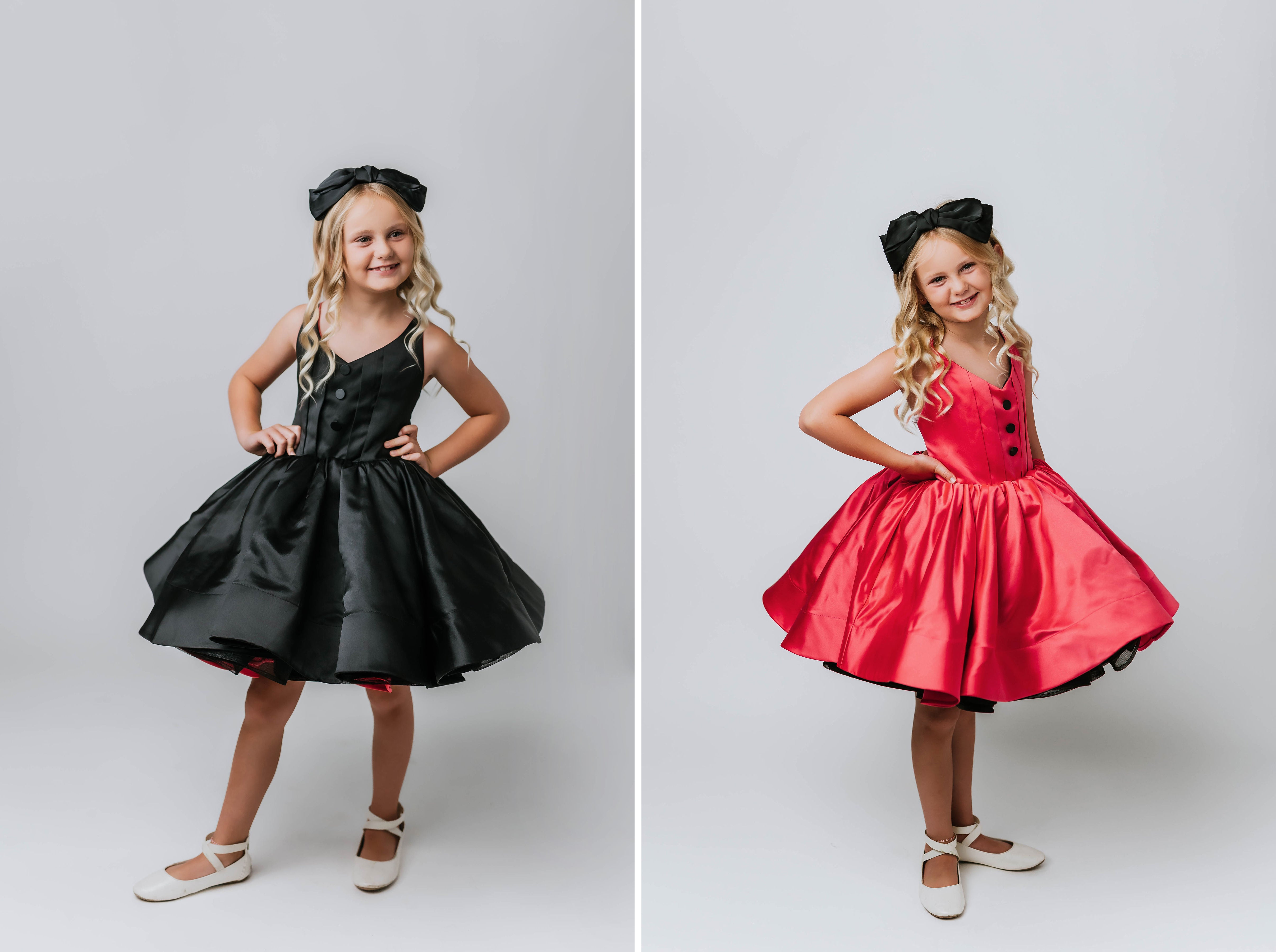 two dresses in One RETIRED RENTAL NEW CONDITION Reversible "Dolly" Pink/black  Petal  Length Dress ( 7 year- 8 year)