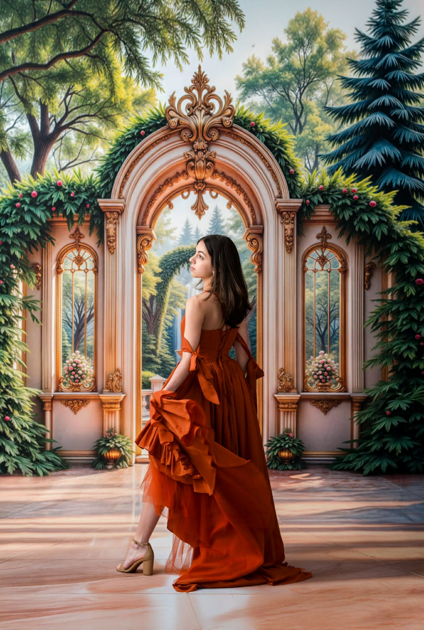 Woman in an orange dress standing in front of a decorative archway with lush greenery.