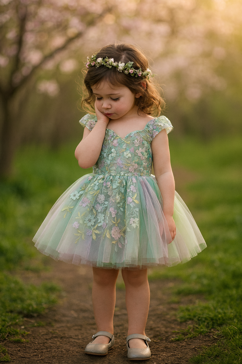 Young girl in a floral dress standing on a path with blurred background