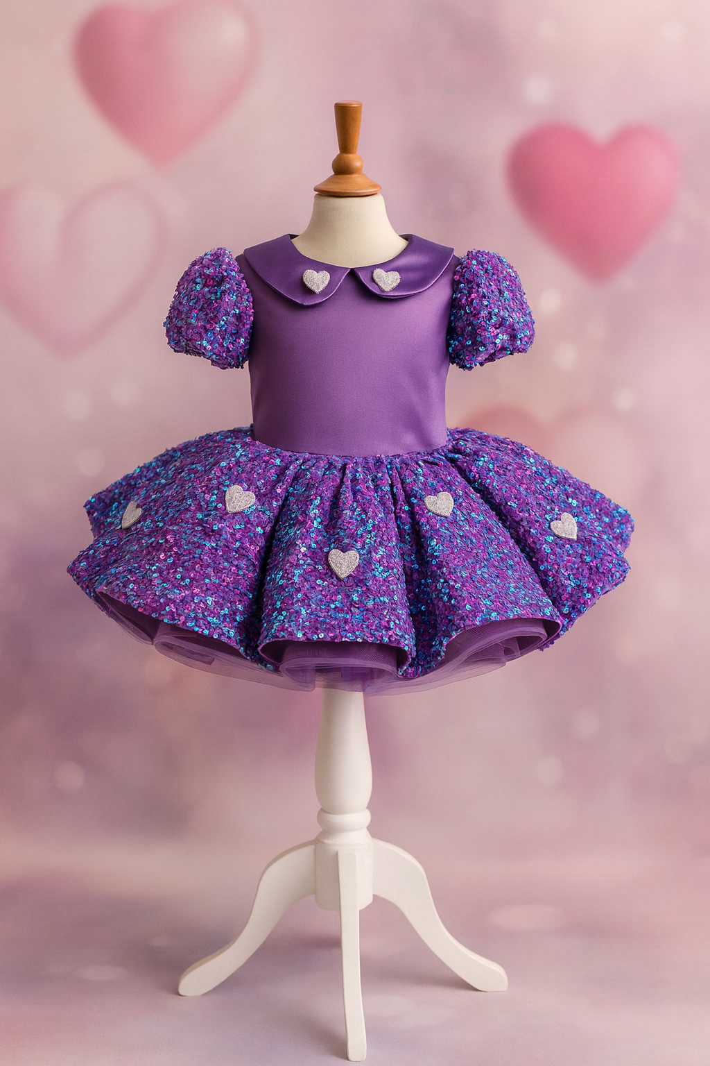 Child-size mannequin wearing a puff-sleeve purple sequin gown with heart details and a flared skirt.