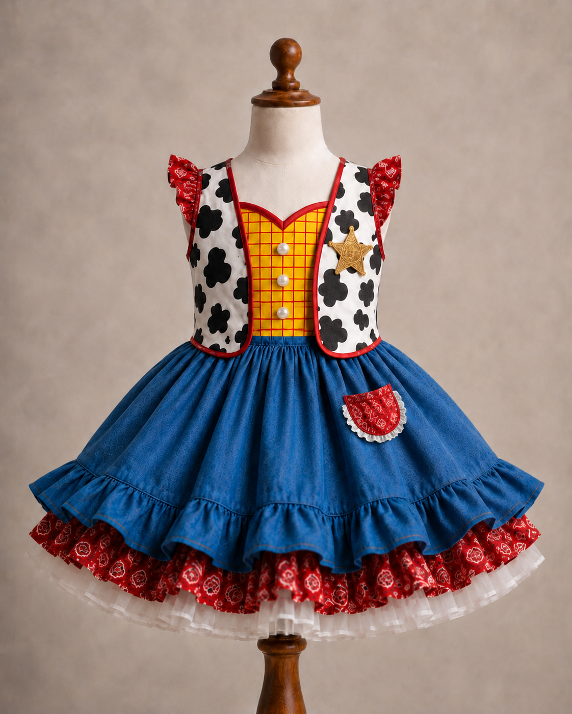 Toy Story inspired western twirl dress rental for girls with red bandana skirt, denim blue ruffles and detachable cow print vest