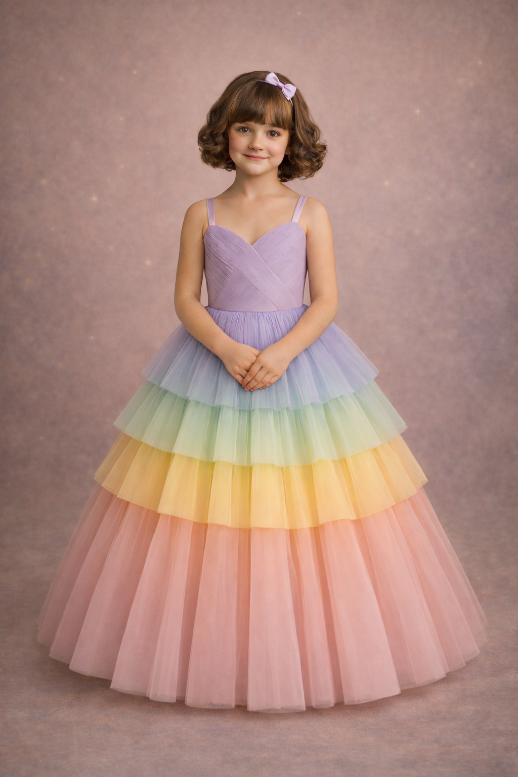 Young girl wearing a colorful rainbow dress against a brown background