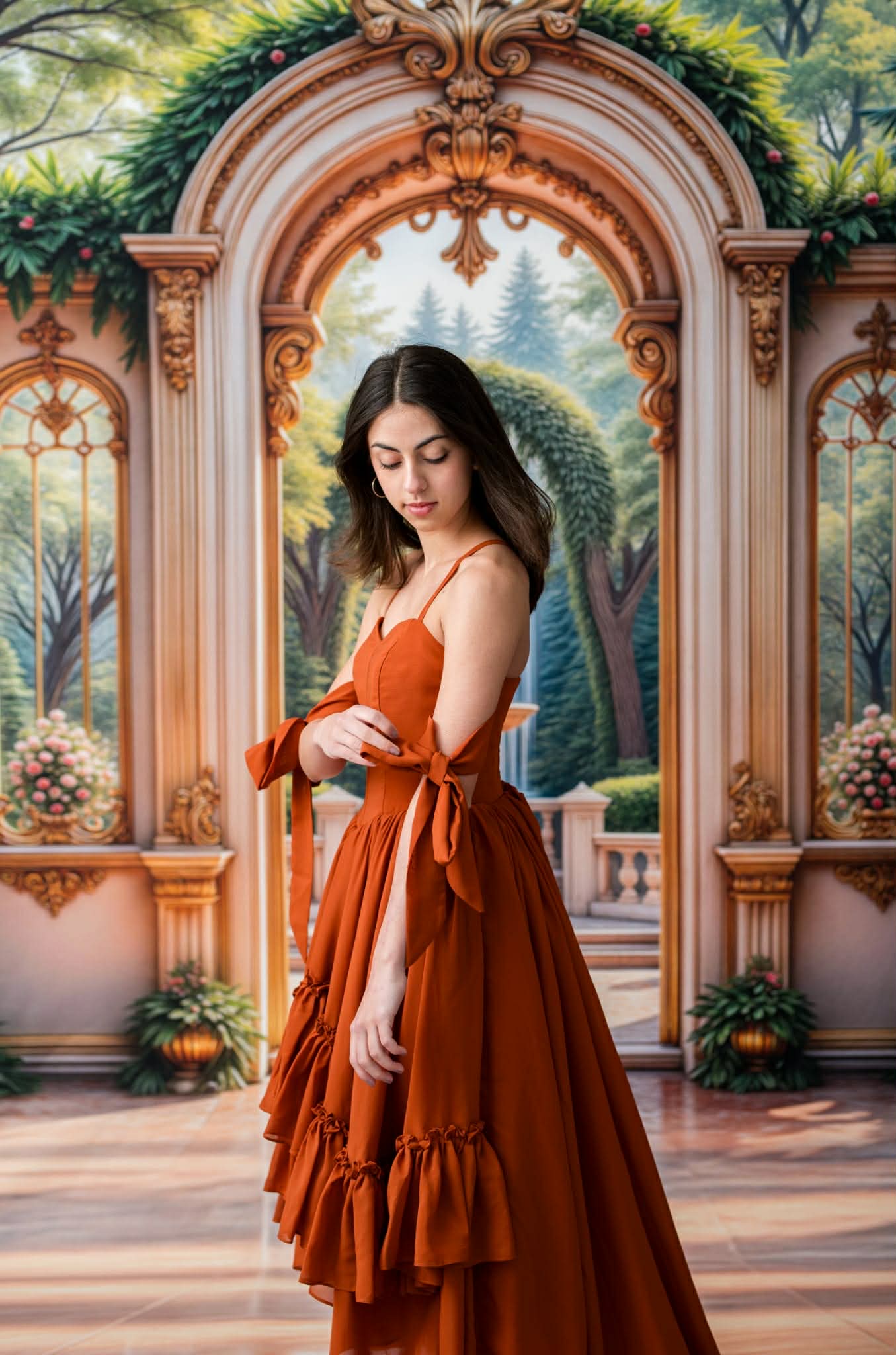 Woman in an orange dress standing in front of an ornate archway with a painting of a garden.