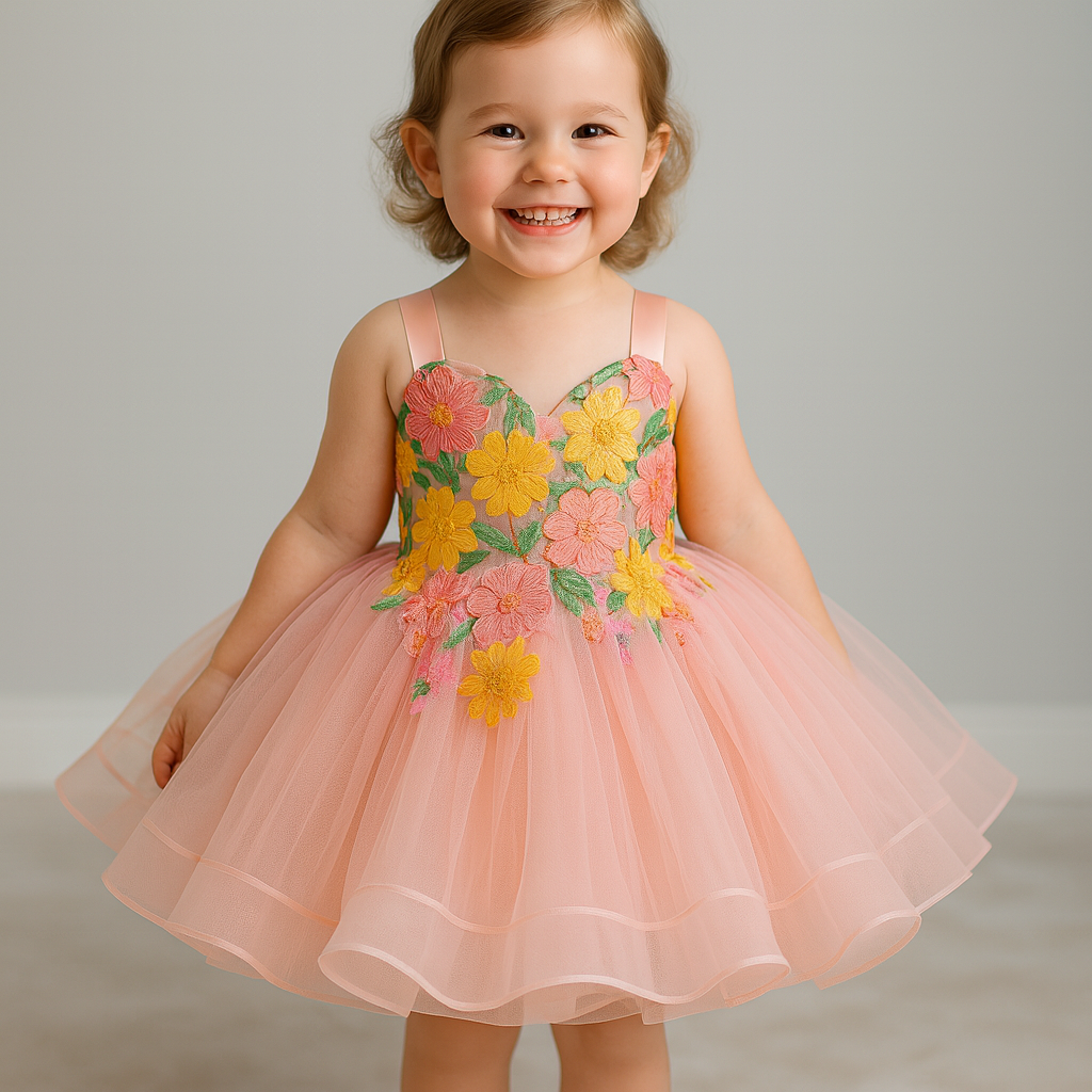 Child wearing a pink dress with floral patterns on a plain background